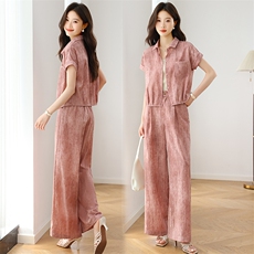 时尚套装女夏季薄款2025新款贵夫人洋气休闲短袖衬衫阔腿裤两件套，女装套装/套裙，婷思杰（原婷想服饰）