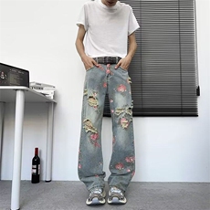 美式高街花卉破洞牛仔裤男款夏季高级感显瘦裤子玫瑰满印直筒长裤，男装牛仔裤，星座813-2
