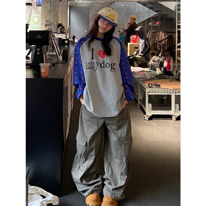 网图有货美式复古爱狗狗撞色插肩袖T恤秋季男女宽松上衣A805-P36,男装T恤,星座1505
