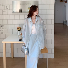蓝色休闲时尚套装女2025夏季新款气质一整套穿搭衬衫半身裙两件套，女装套装/套裙，2C107