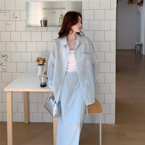 蓝色休闲时尚套装女2025夏季新款气质一整套穿搭衬衫半身裙两件套图片