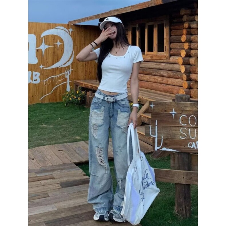 美式复古青少年破洞牛仔裤男女秋季高街设计感直筒宽松显瘦阔腿裤,男装牛仔裤,星座813-2