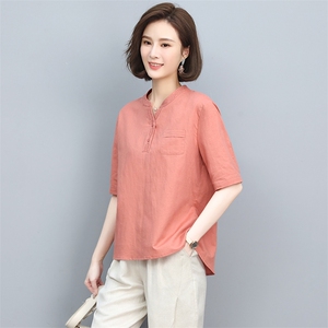 棉麻女2025夏季新款中年妈妈时尚大码休闲洋气减龄亚麻，女装T恤，忆绮罗