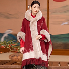 芷墨冬季新款复古简约新中式通勤红色拜年斗篷外套连帽大毛领大衣，女装毛呢外套，芷墨服饰