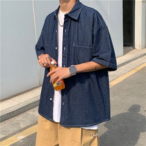 牛仔短袖衬衫男夏季薄款港风衬衣潮流痞帅宽松休闲外套CS528-P40，男装衬衫，星座1008-1