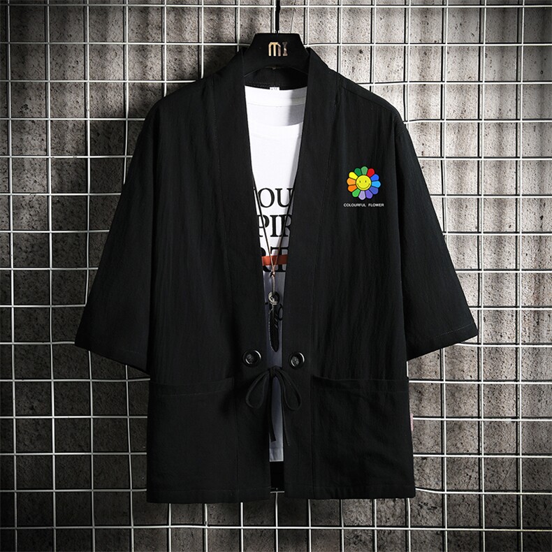 HF59101-P40风汉服男开衫外套七分袖道袍网格挂拍，男装民族服装，电商A040A