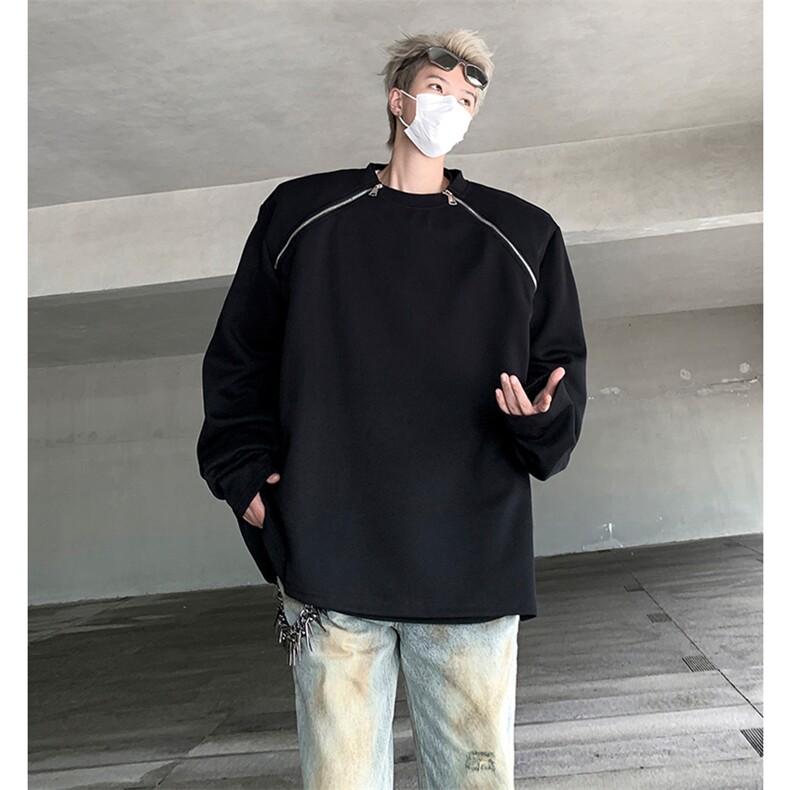 美式复古高街拉链设计感宽松垫肩圆领卫衣男女上衣-WY2412-P68图片