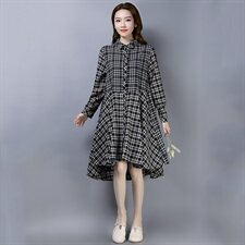 连衣裙棉格子立领件2021年春季长袖中长款拼接口袋，女装连衣裙，叶笙衣