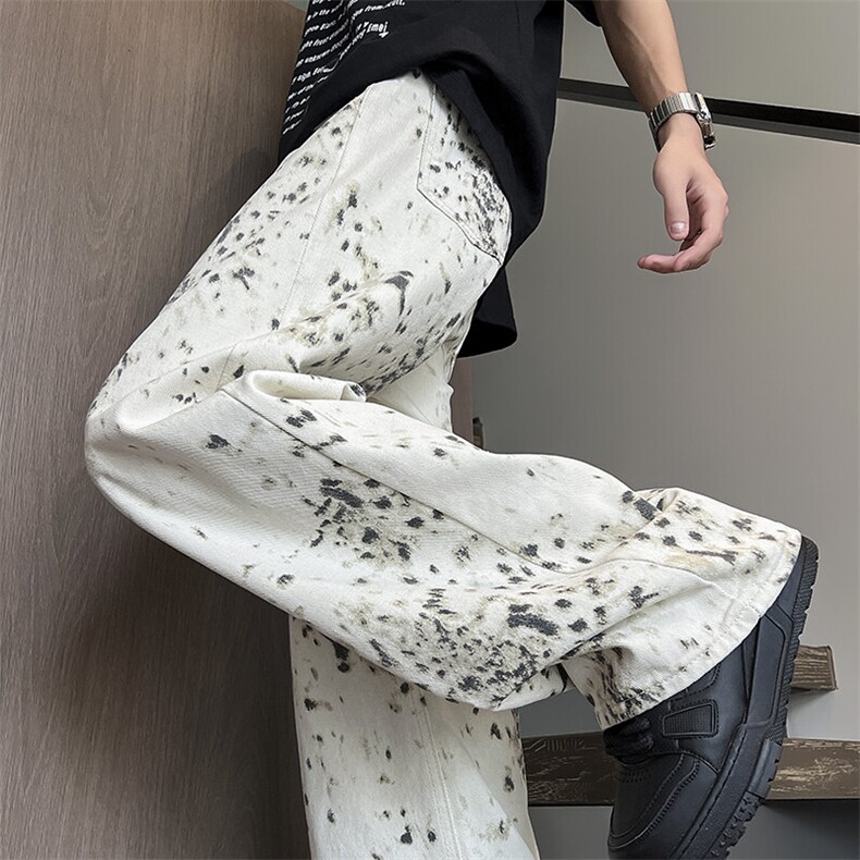 潮牌豹纹牛仔裤男女夏美式复古阔腿裤宽松休闲裤子N8081-P50,男装休闲裤,星座308B-1