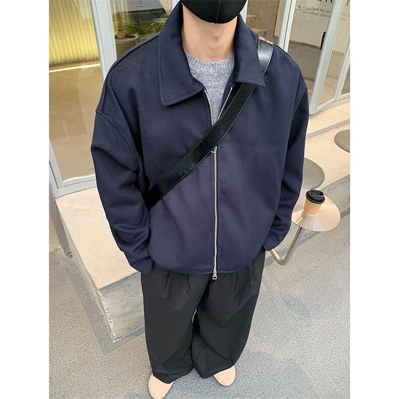 双拉链设计毛呢夹克外套韩版宽松翻领短款呢子大衣-F2477-P105,男装毛呢大衣,电商B289