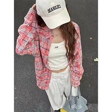 刺绣苹果格子长袖衬衫女2025秋装美式潮牌学院风宽松情侣开衫外套，男装衬衫，星座506A