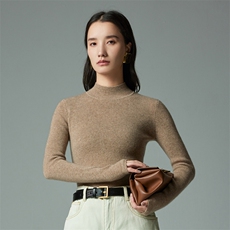 半高领长袖35%羊绒衫女秋冬新品修身显瘦坑条内搭针织衫，女装羊绒衫，木淼羊绒