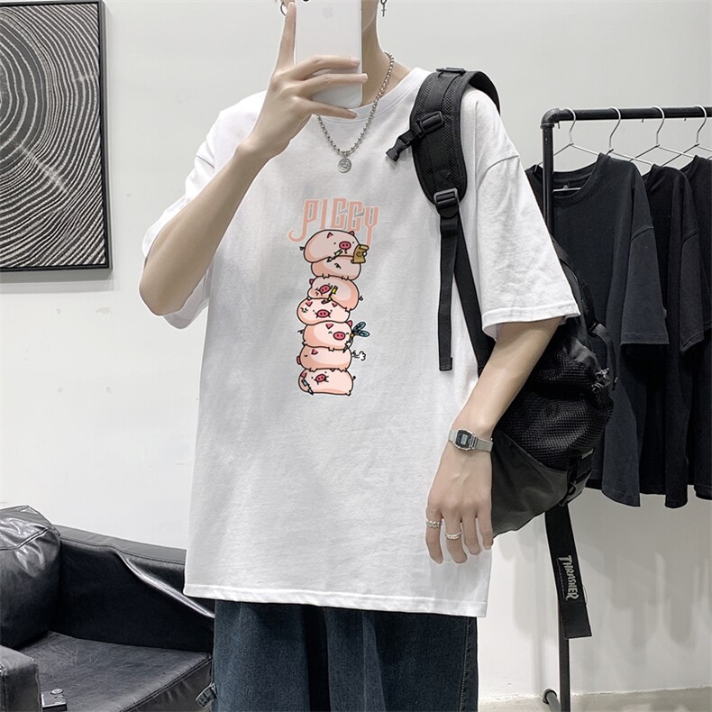 T1763P25夏季风男装印花短袖T恤男长条小猪印花青春休闲T恤,男装T恤,星座510A-1
