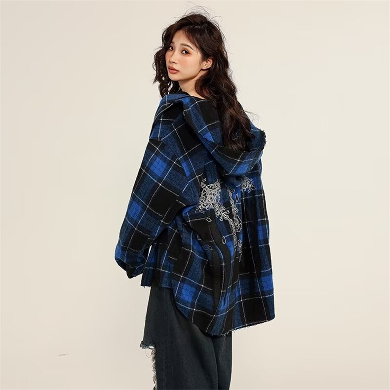 C300-P53 美式复古衬衫外套女春秋2025新款宽松显瘦磨毛连帽长袖图片