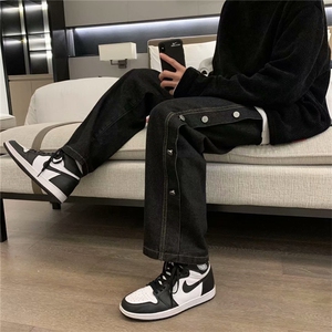 牛仔裤男韩版潮流直筒宽松高街排扣阔腿潮牌休闲长裤子M910-p40图片
