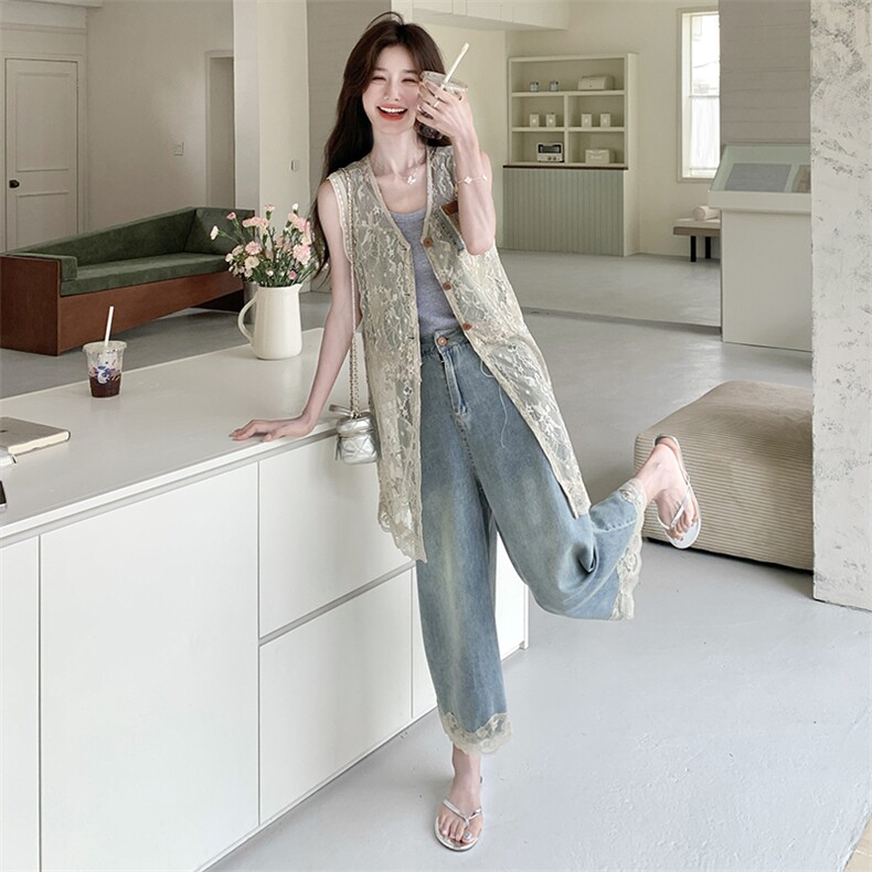 复古时尚中长款蕾丝马甲九分阔腿裤套装女2025夏新款设计感两件套,女装套装/套裙,2C159