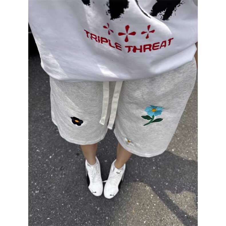 夏季潮牌小花五分裤子男款设计感小众大码宽松运动休闲短裤,男装牛仔裤,四季星座505