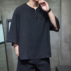 2025夏季风七分袖立领上衣盘扣休闲纯色T恤宽松大码T2510-P60，男装T恤，电商A008