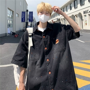 水洗牛仔衬衫泼漆撞色男刺绣衬衣 CM983图片