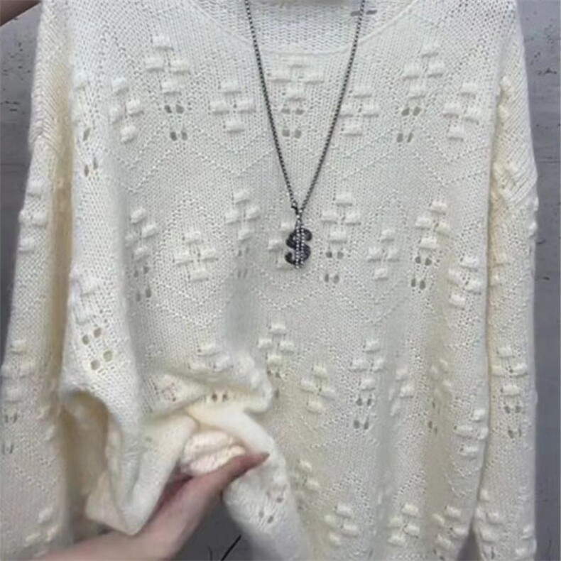 秋冬新款圆领镂空钩花羊毛衫女宽松慵懒风套头毛衣针织打底衫,针织衫/毛衣,萱芳婷羊绒