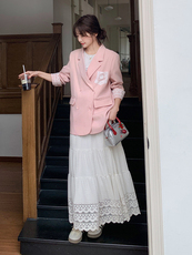 粉色蕾丝拼接西装外套女春秋2025新款爆款超火西服独特漂亮设计感，女装西装，素月