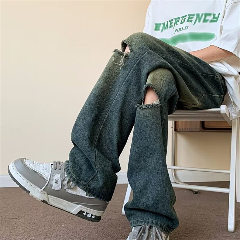 破洞牛仔裤男夏季薄款设计感做旧水洗宽松直筒长裤子N6156，男装牛仔裤，星座1116A-1（原606A）