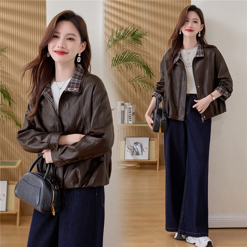 现货2025年秋季时尚文艺翻领格子拼接宽松型休闲皮上衣，女装皮衣，依恋蒂丝