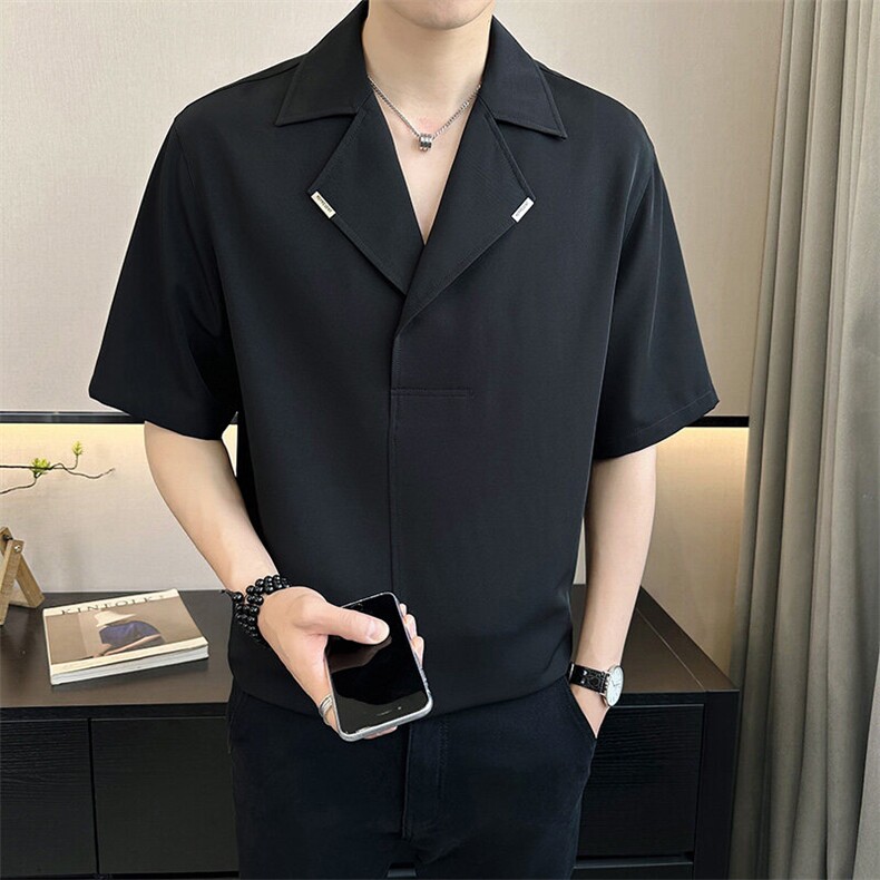 店主风~2025夏季冰丝薄款西装领中袖衬衫T恤衫 C283/P48图片
