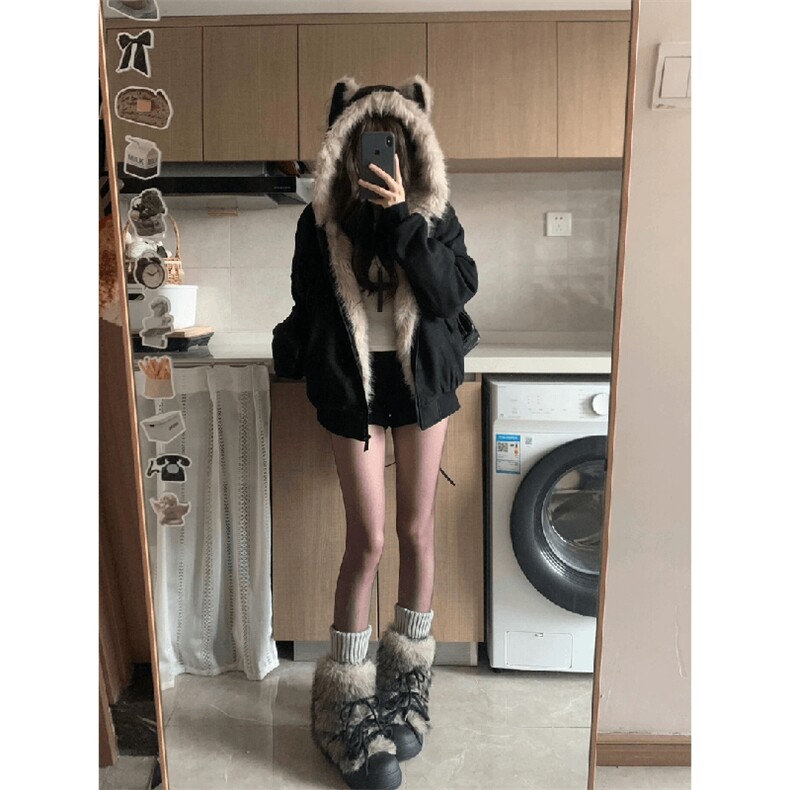 现货重磅硬挺boxy羽绒棉衣座山雕猫耳大毛毛领麂皮棉服冬外套,男装棉衣,电商A486-1