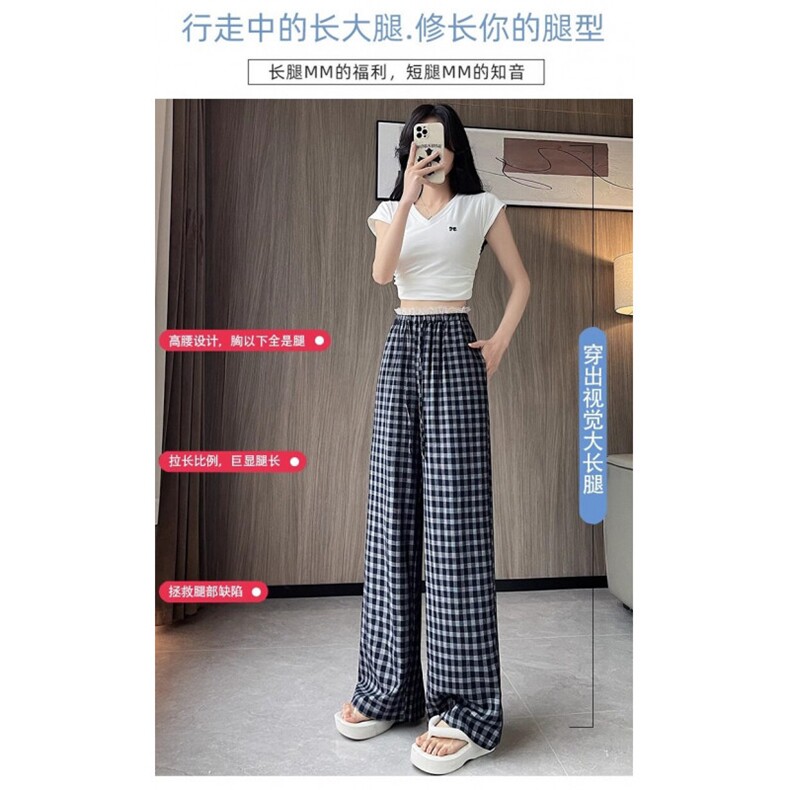AK2353-P40蕾丝花边格子阔腿裤女夏季高腰垂感宽松休闲裤，女装休闲裤，星座617A-2