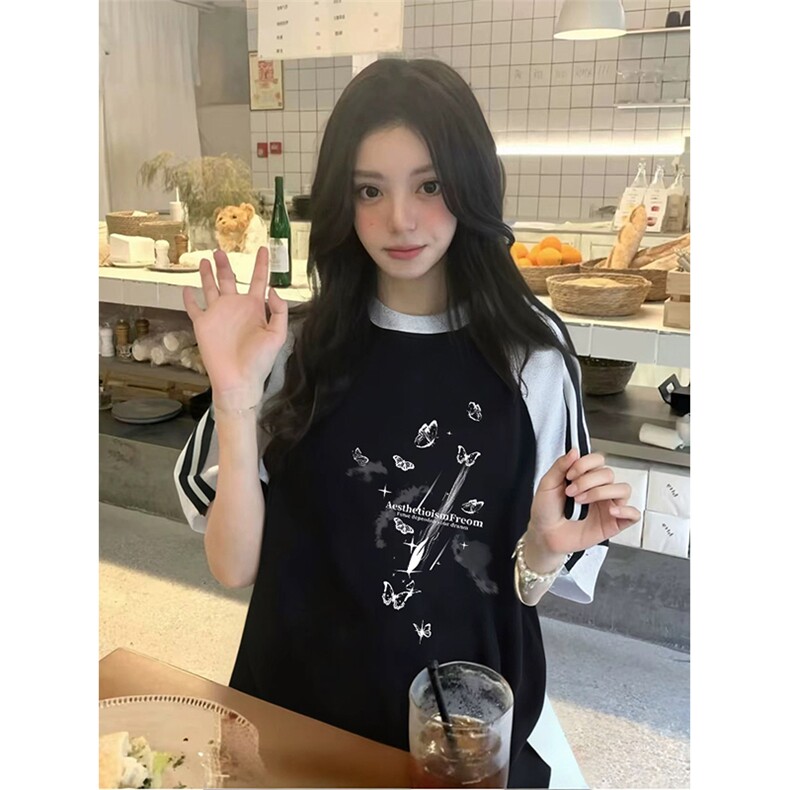 抖音得物品质二开240克宽松纯棉美式潮牌插肩三杠织带短袖T恤,男装T恤,电商A486