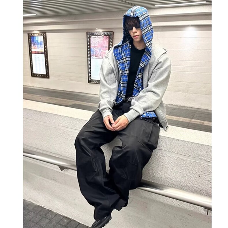 J210-P59美式潮牌假两件蓝色格子连帽卫衣秋冬复古重磅开衫外套,男装T恤,电商B323A
