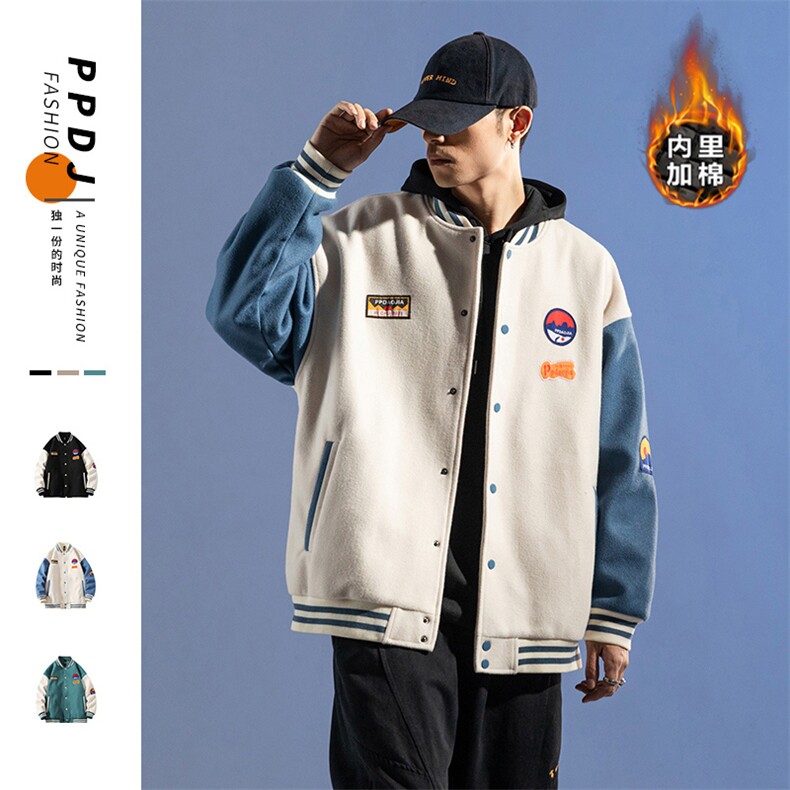 2024冬款棒球服大码boy拼接呢料贴布标加棉加厚棉服J67201-P105,男装夹克,电商A082