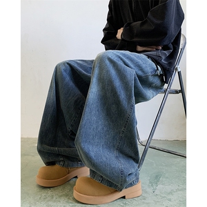 港风秋款男牛仔裤褶皱宽松直筒褶皱长裤NK7001 P48图片
