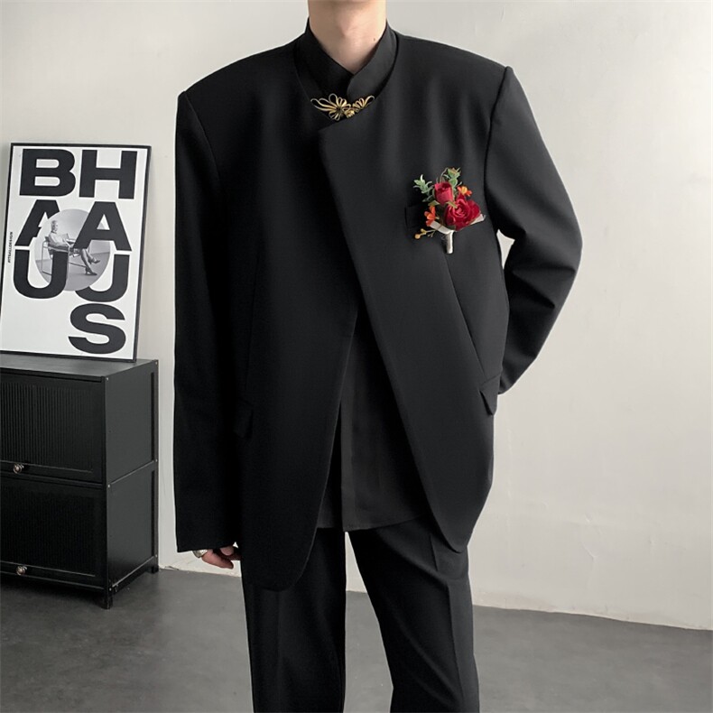 2025新中式中山装无领休闲西服结婚礼服结婚登记休闲西装新郎礼服,男装西服套装,星座909