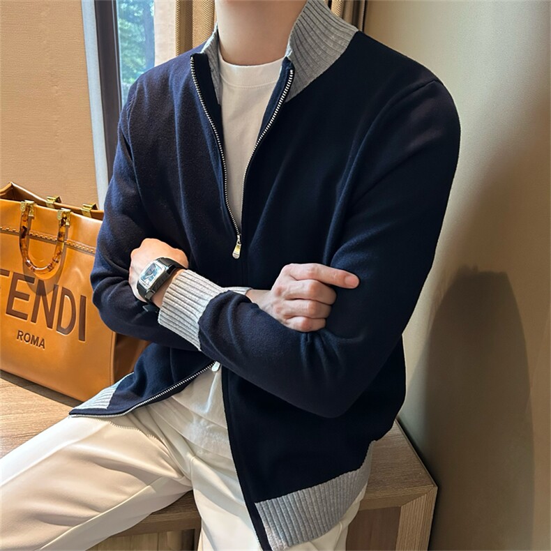 网图现货 新款休闲男式宽松毛衣针织衫男衬衫拼接开衫外套B27-P60图片
