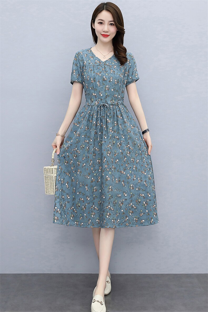 2024夏季新款短袖棉麻印花连衣裙冰凉棉料显瘦遮肚A字裙,女装连衣裙,欣贝拉