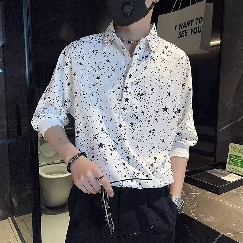 短袖衬衫男夏季满天星印花七分袖衬衣ins潮牌男士痞帅休闲上衣服图片