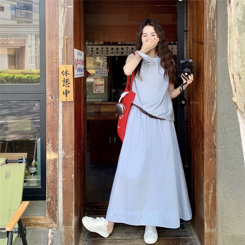 休闲减龄工装无袖半身裙套装女夏2025新款两件套慵懒风韩系高级感,女装套装/套裙,2C166