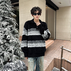 长豹毛刷毛POLO领纽扣条纹毛衣情侣秋冬慵懒针织衫男MY09819-P58，男装针织衫/毛衣，星座308B-2