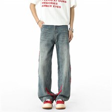 斜杠三条纹红黑撞色拼接显瘦微喇牛仔裤XZ201-S7096P48，男装牛仔裤，星座201