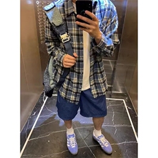 W9534-P40网图现货美式复古格子衬衫宽松休闲百搭街头衬衣外套，男装衬衫，星座1608-2