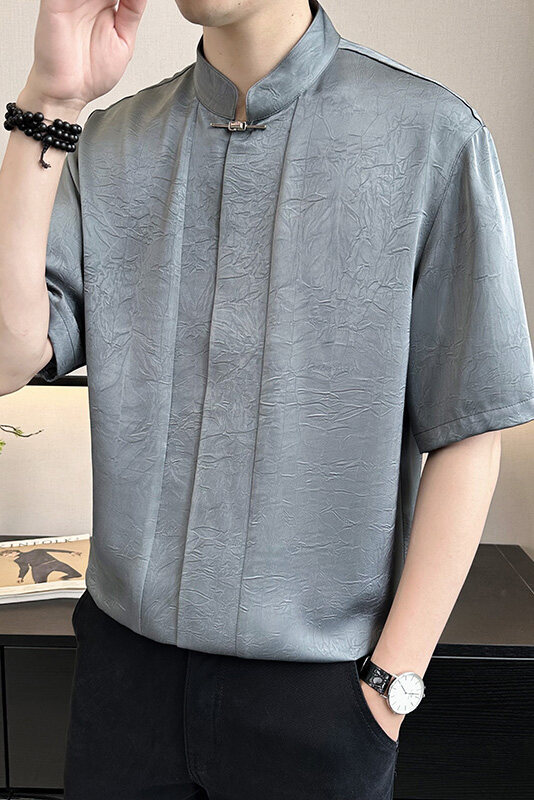 店主风~新中式夏季新款垂感冰丝压花中袖衬衫C248/P55,男装衬衫,电商B331