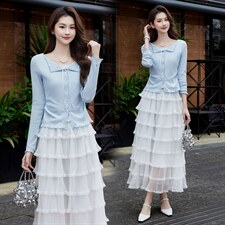 现货2026年春季气质优雅时尚潮流通用女针织衫上衣蕾丝连衣裙套装图片