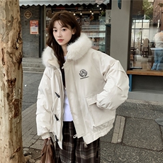 A577-P1282025冬季牛角扣大毛领连帽棉服外套中长款派克服，男装棉衣，星座911