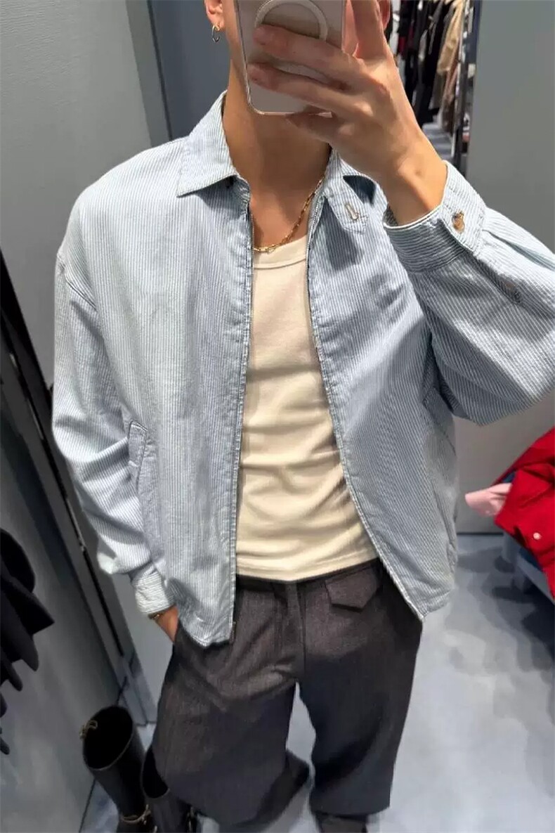 网图慎用松弛感条纹翻领大码短款夹克外套男J5284-特P58控108,男装夹克,电商A001-1
