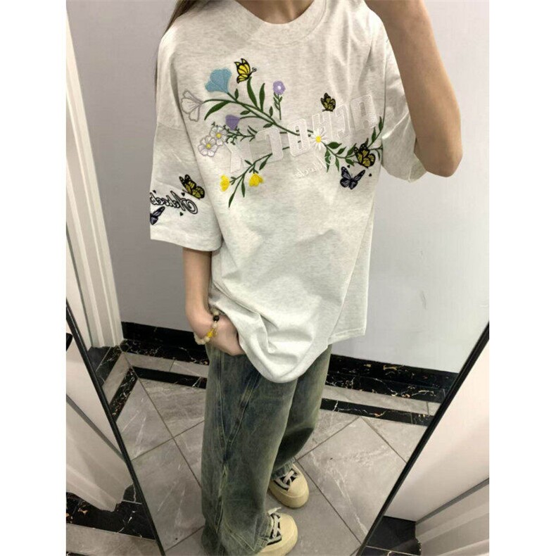 花卉刺绣230g纯棉夏季新款潮短袖t恤女学生上衣BT007-P32,男装T恤,星座412-3