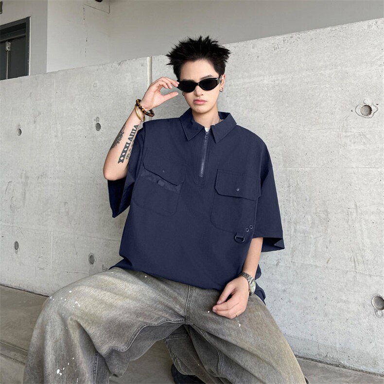 夏季半拉链翻领短袖男士青年潮牌日系口袋工装POLO衫港风宽松上衣，男装Polo衫，星座813-2