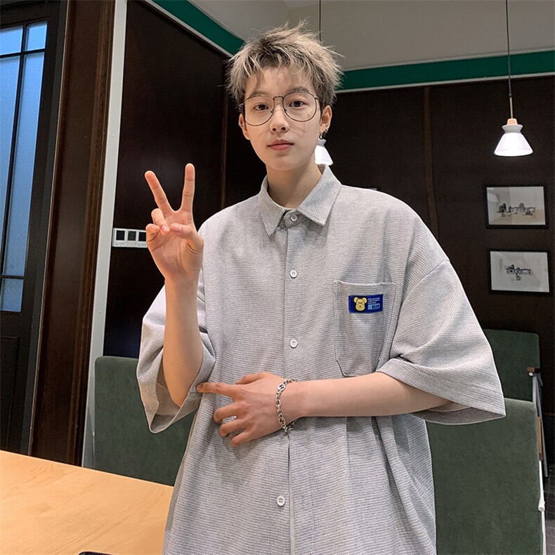 2026夏潮牌男华夫格高克重格子短袖五分袖衬衫 CS880/特P25 浅灰3图片