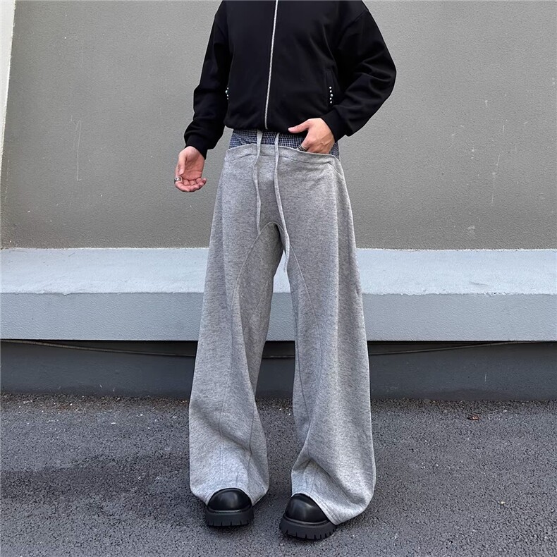 JY762-P51美式格子拼接慵懒风灰色宽松卫裤男女拖地休闲裤,男装休闲裤,星座1501-3